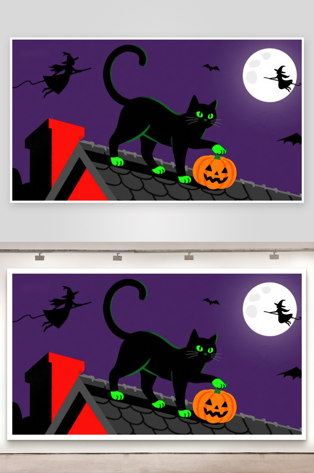 屋顶上的黑猫与南瓜灯素材