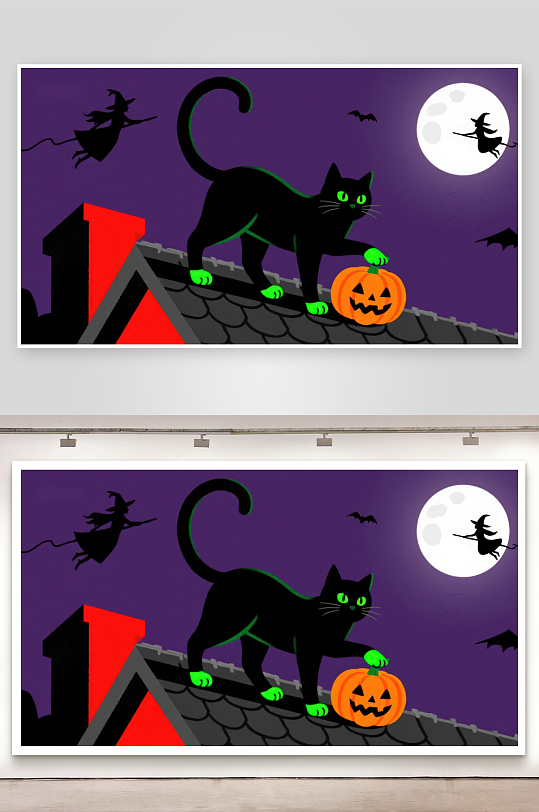 屋顶上的黑猫与南瓜灯-众图网