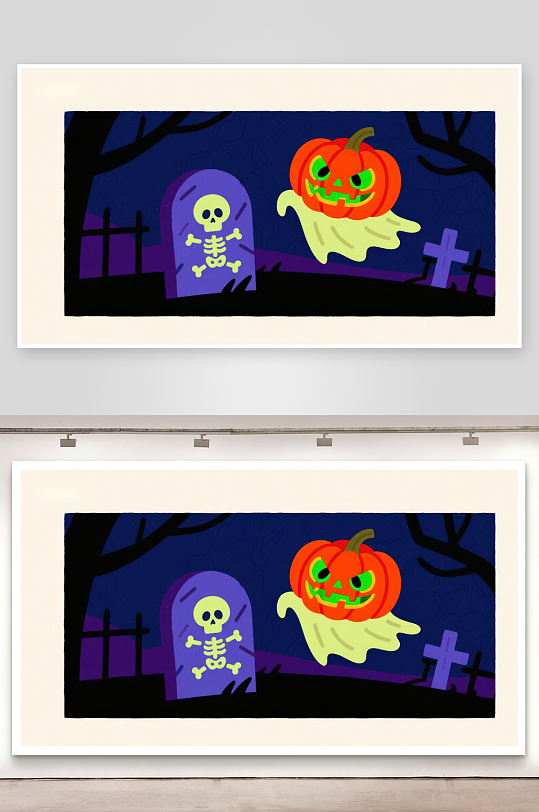 万圣节南瓜幽灵与骷髅墓碑-众图网