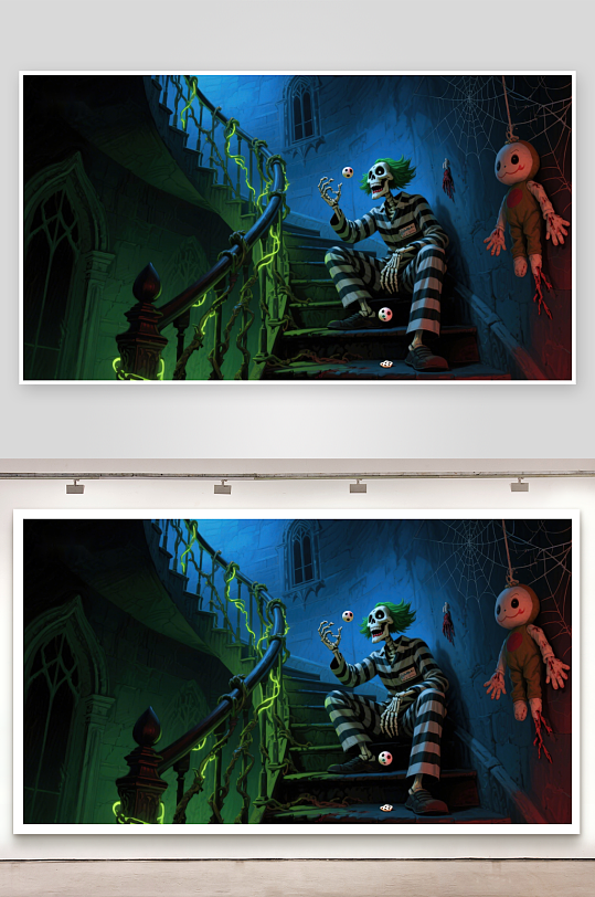 幽暗楼梯上的骷髅小丑与玩偶-众图网