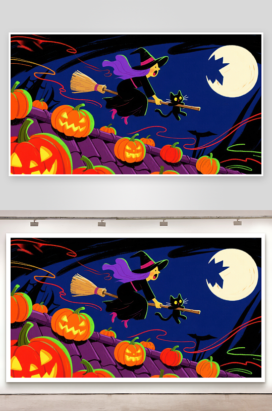 万圣夜巫师与黑猫飞越屋顶-众图网