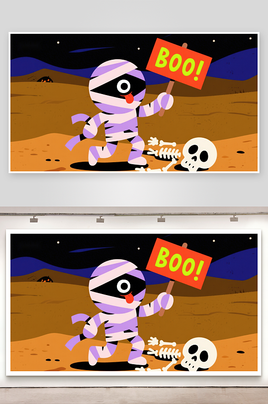 木乃伊手持BOO标牌夜景骷髅相伴-众图网