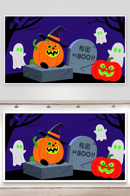 万圣节南瓜与幽灵的墓地场景-众图网