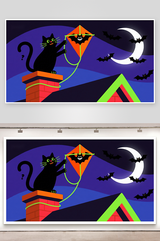 黑猫屋顶放蝙蝠风筝-众图网