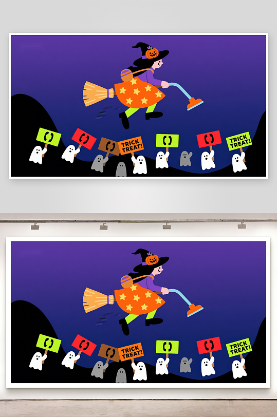 万圣节女巫骑扫帚小鬼举牌不给糖就捣蛋-众图网