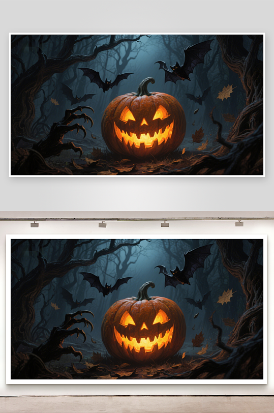 万圣节南瓜灯与蝙蝠的神秘森林-众图网