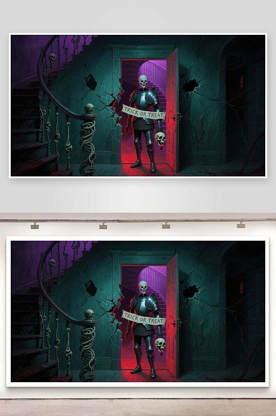 骷髅骑士手持标语神秘古宅氛围-众图网