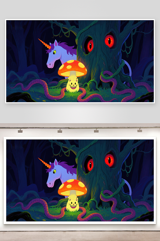 神秘森林中的独角兽与魔幻树-众图网