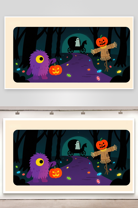 万圣夜森林中的可爱怪物与南瓜灯-众图网