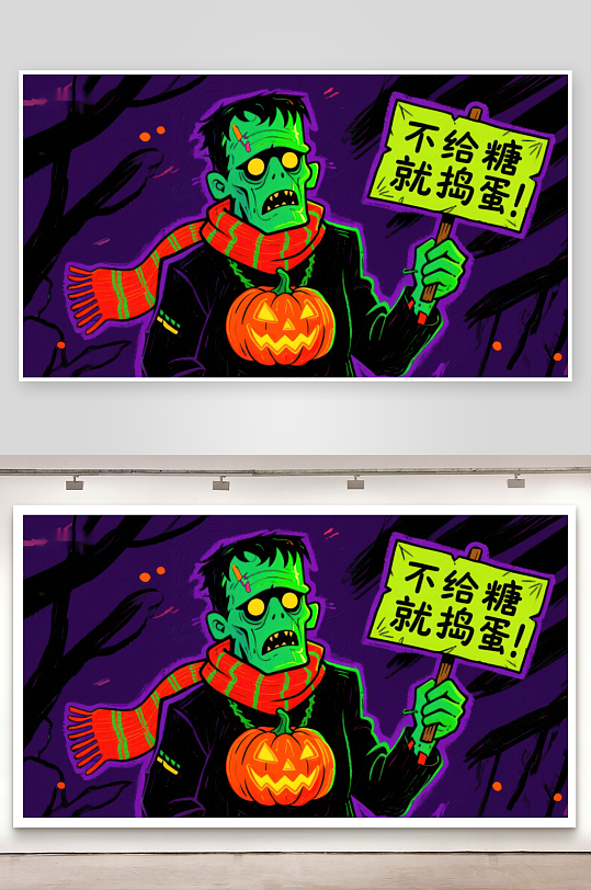 万圣节绿色怪物手持南瓜灯和标语-众图网