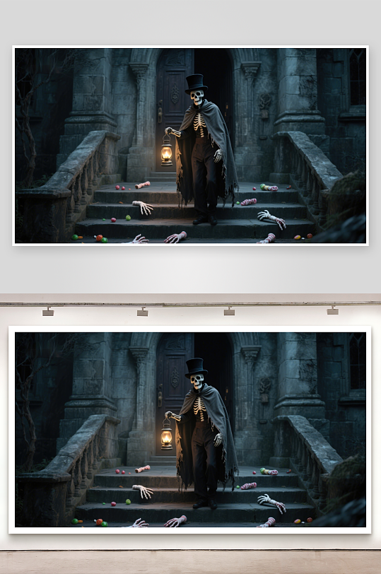 骷髅守门人神秘古堡前的幽暗场景-众图网