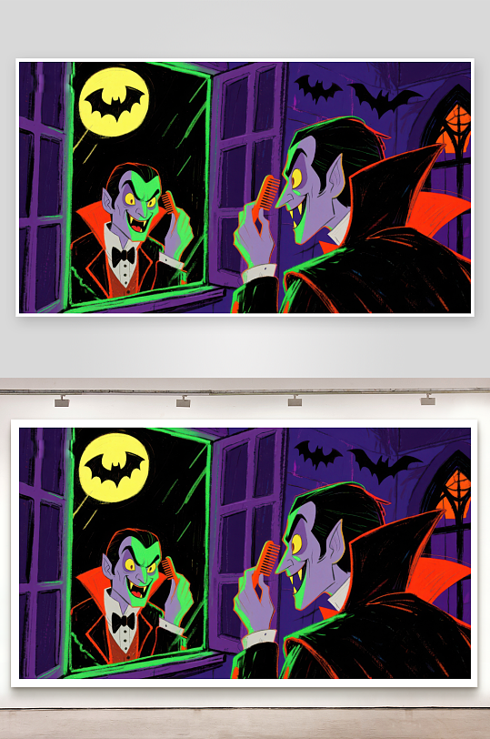 吸血鬼窗前梳妆夜空蝙蝠飞舞-众图网