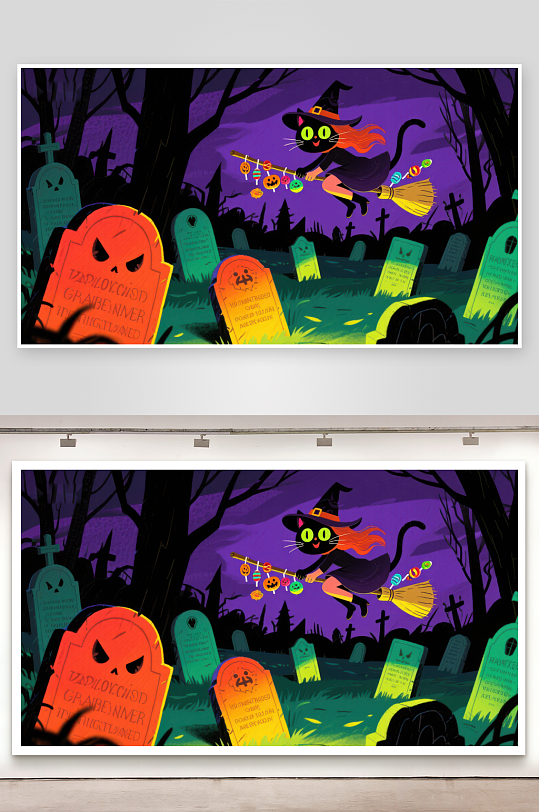 万圣夜猫巫师飞越墓地-众图网