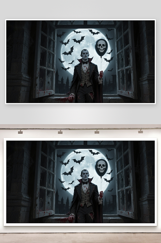 月夜下的神秘人物与骷髅气球-众图网