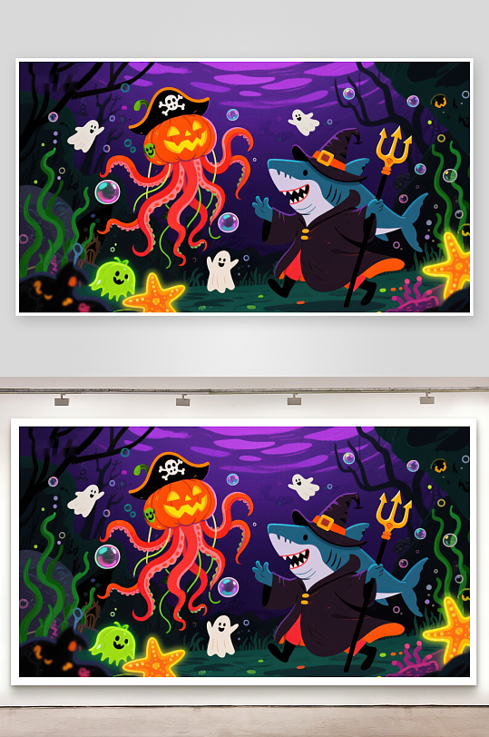 海底万圣节鲨鱼与南瓜章鱼的奇幻夜-众图网