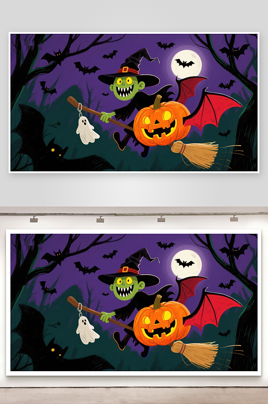 万圣节夜景小巫师与南瓜灯-众图网