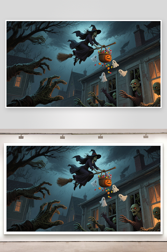 万圣节女巫飞行僵尸手伸向糖果-众图网