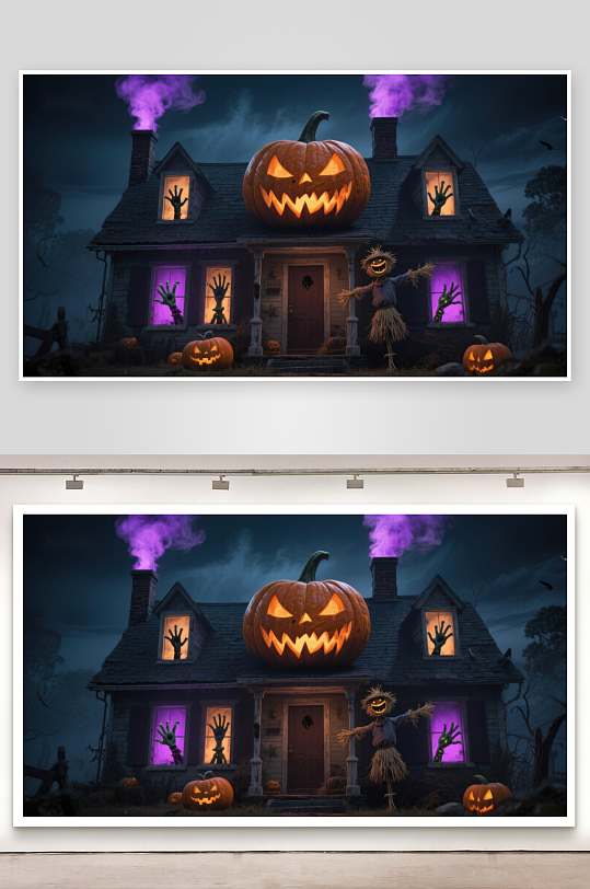 万圣节夜景南瓜灯与幽灵屋-众图网