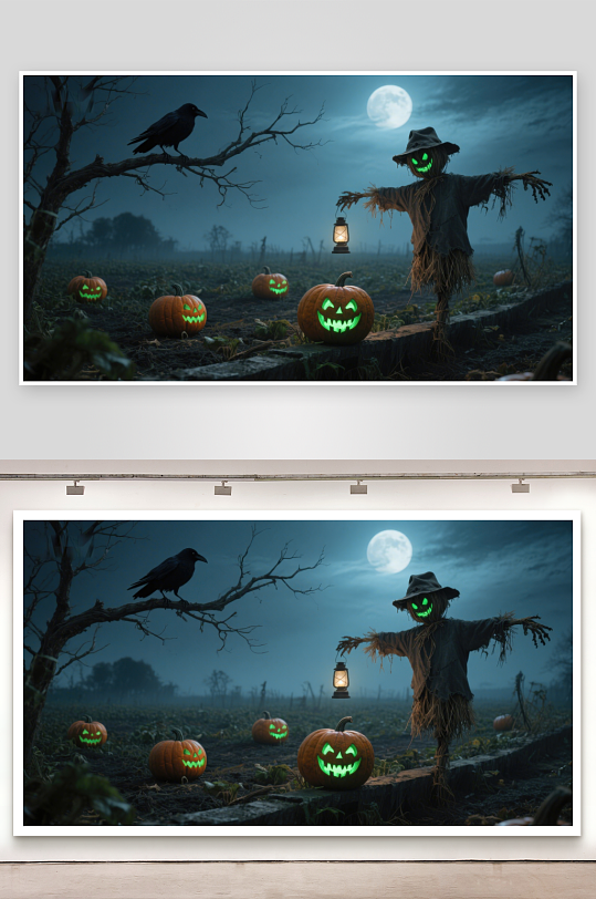 月夜下的南瓜灯与稻草人-众图网