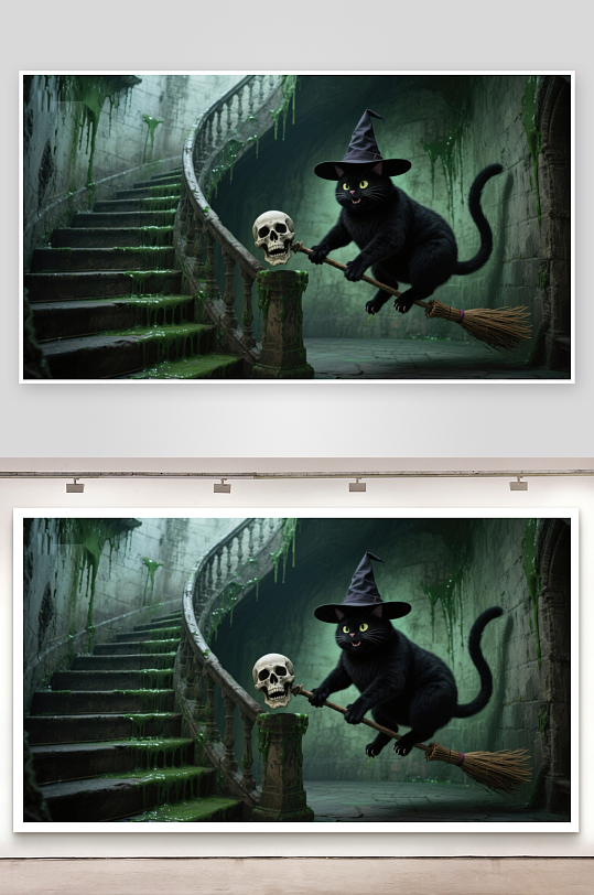 黑猫骑扫帚携骷髅头下楼梯-众图网