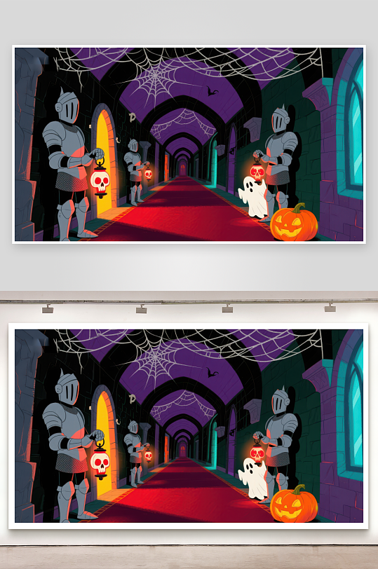 万圣节城堡走廊的骑士与幽灵-众图网