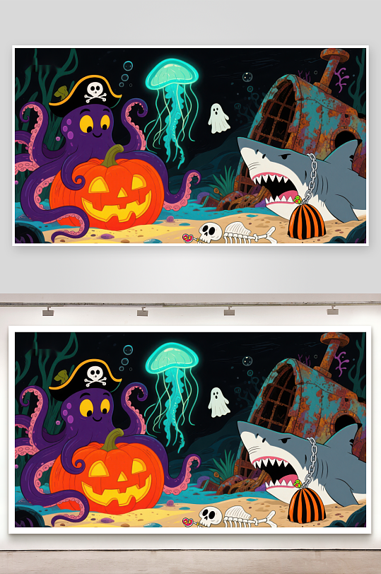 海底万圣节章鱼与南瓜灯的奇幻夜-众图网