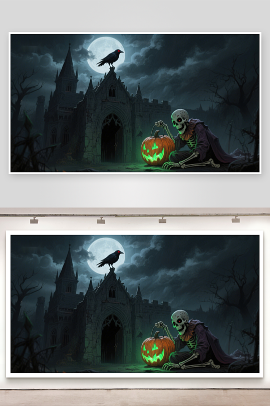 月夜古堡前的骷髅与南瓜灯-众图网