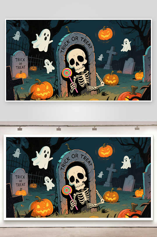 万圣节墓地骷髅手持糖果-众图网