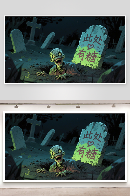 墓地僵尸探头墓碑上写此处有糖-众图网