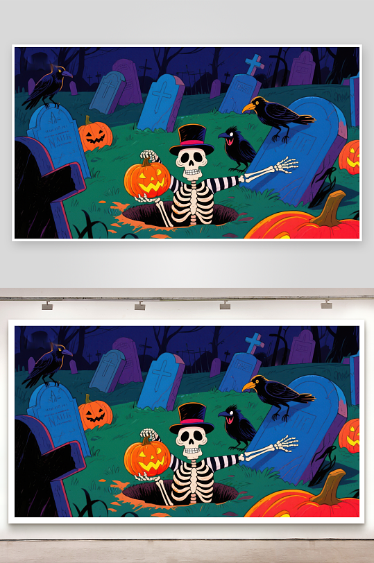 万圣节墓地中的骷髅与南瓜灯-众图网