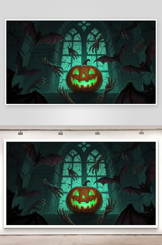 万圣节南瓜灯与蝙蝠的恐怖夜景-众图网