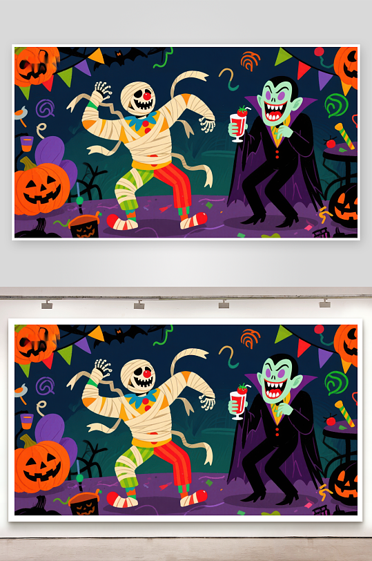 万圣节派对木乃伊小丑与吸血鬼共舞-众图网