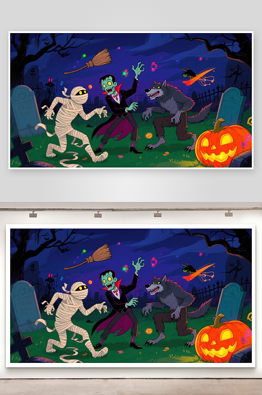 万圣节夜景木乃伊吸血鬼与狼人共舞-众图网