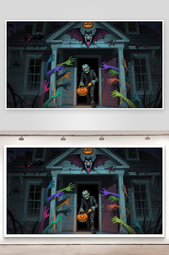 万圣节恐怖屋前的骷髅与幽灵手臂-众图网