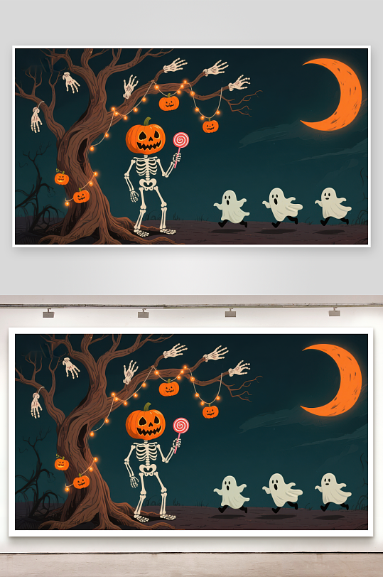 万圣节夜景骷髅与幽灵的糖果派对-众图网