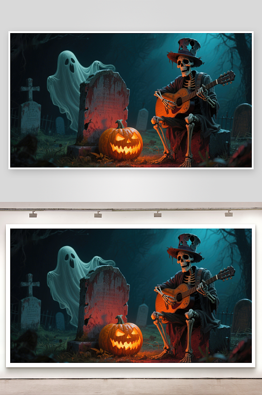 骷髅弹吉他幽灵伴南瓜灯-众图网