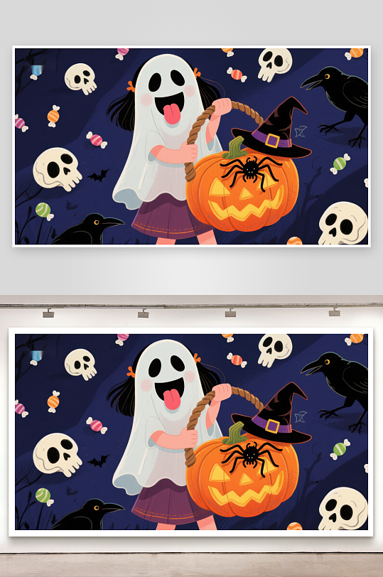 鬼魂装扮的女孩与南瓜灯-众图网