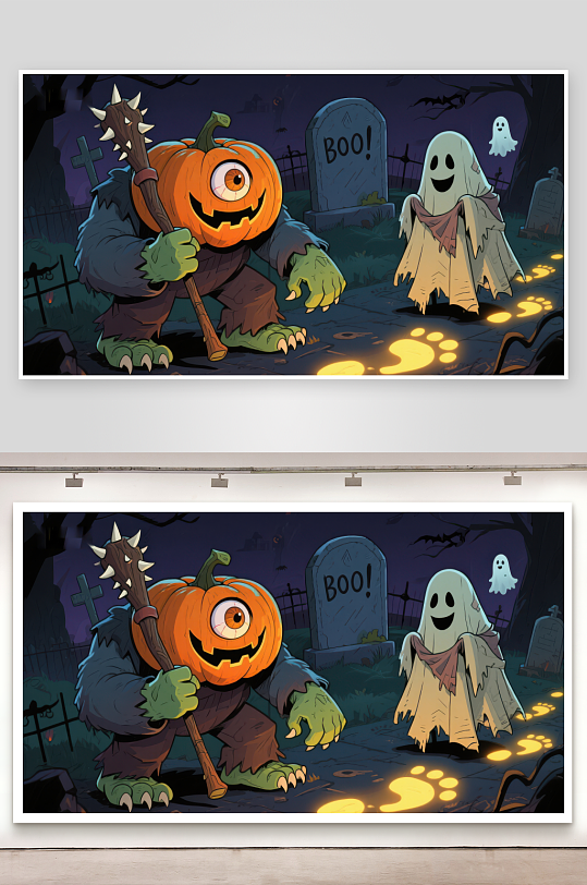 万圣节南瓜怪与幽灵在墓地-众图网