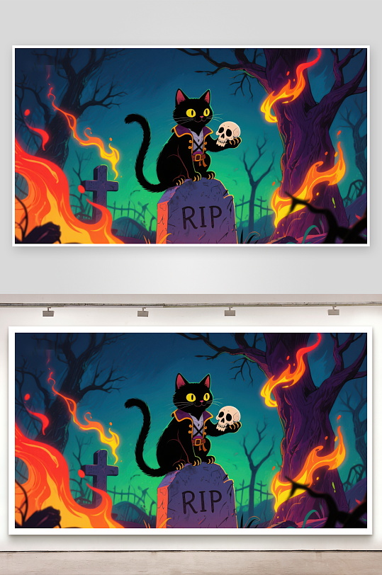 黑猫夜访墓地手持骷髅骨-众图网