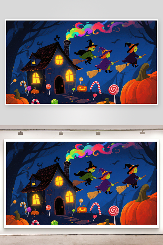 万圣夜巫师飞行与糖果屋-众图网