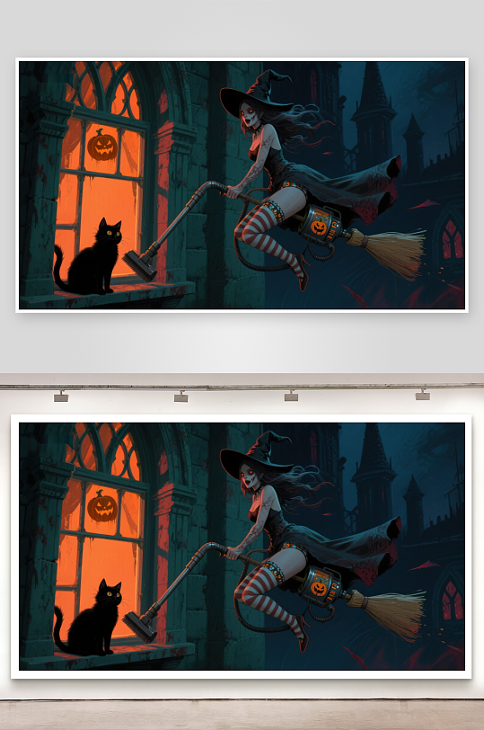 万圣夜女巫骑扫帚飞过古堡-众图网