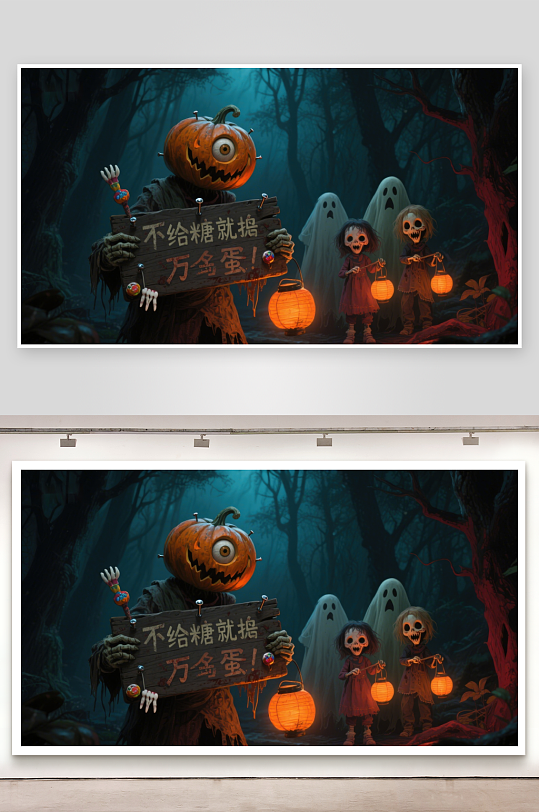 万圣节南瓜怪与幽灵儿童的森林夜景-众图网