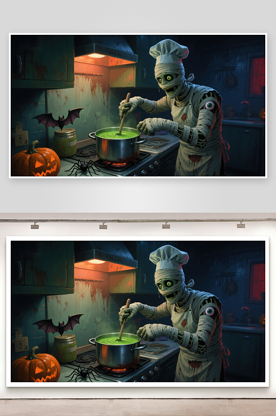 木乃伊厨师在厨房烹饪绿色汤-众图网