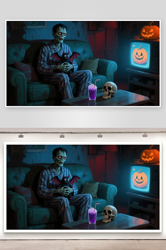 僵尸与宠物观看南瓜灯电视-众图网