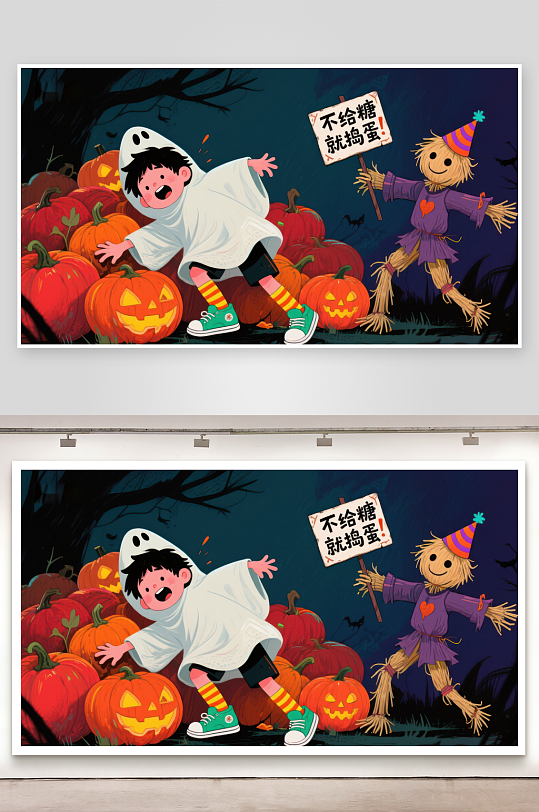 万圣节夜小孩与稻草人欢乐互动-众图网