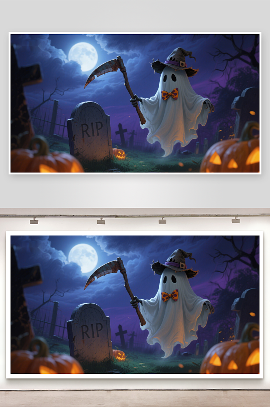 万圣节幽灵手持镰刀夜游墓地-众图网