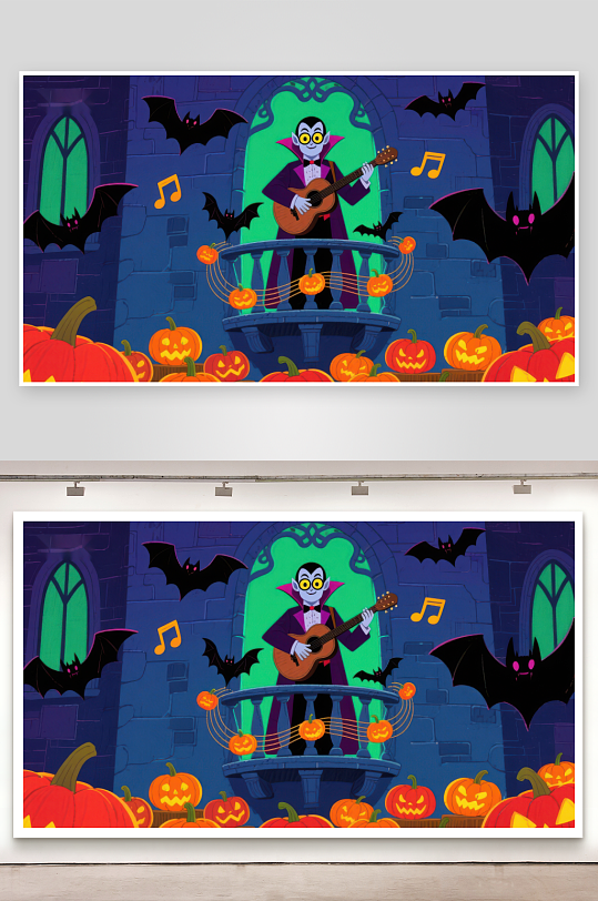 吸血鬼弹吉他蝙蝠环绕南瓜灯-众图网