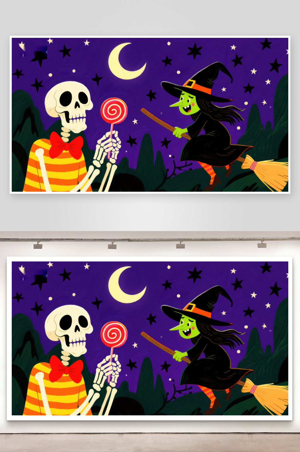 万圣夜骷髅与女巫共享糖果素材
