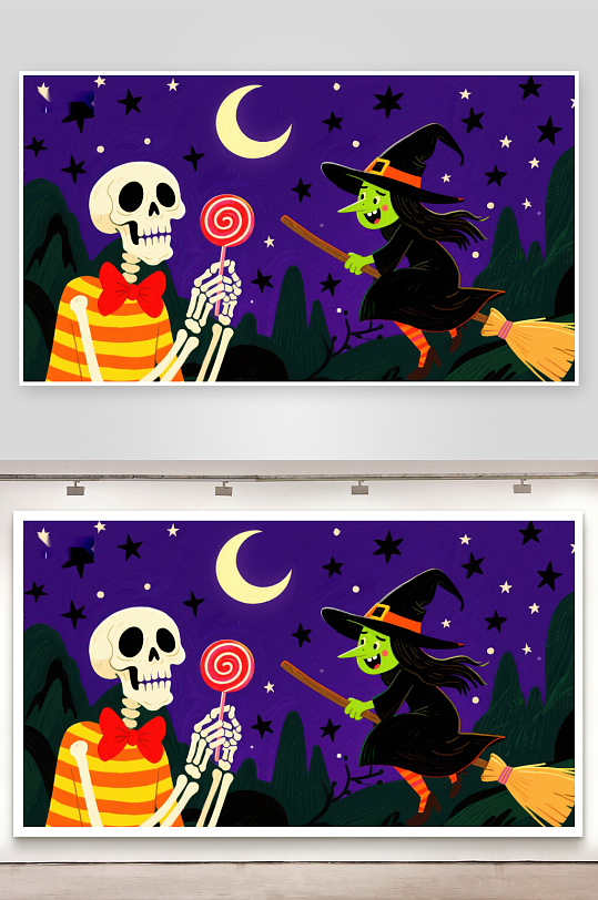 万圣夜骷髅与女巫共享糖果-众图网