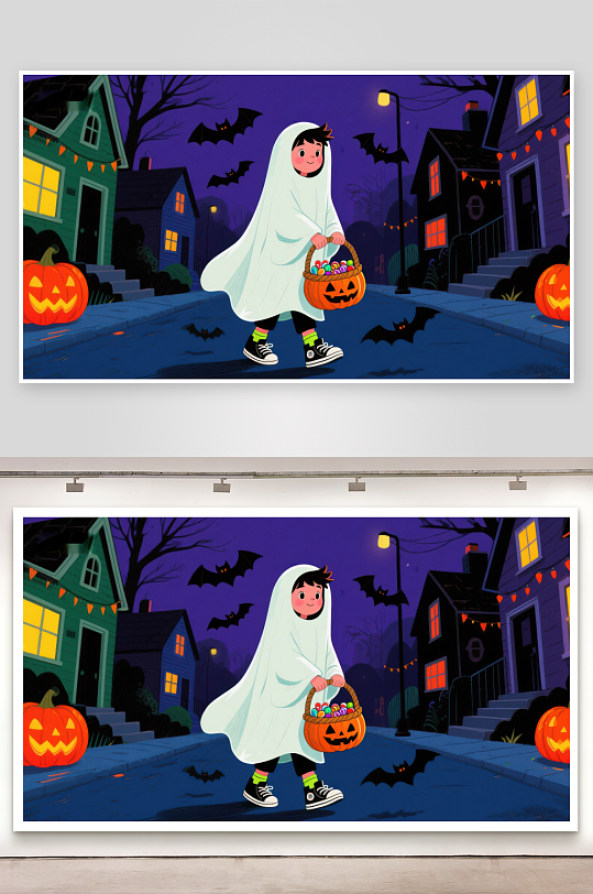 万圣节夜晚小女孩装扮成鬼魂讨糖-众图网